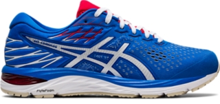 blue and white asics