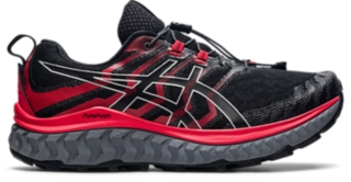 Asics red shop and black shoes