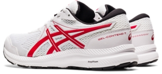 Asics red white hot sale and blue running shoes