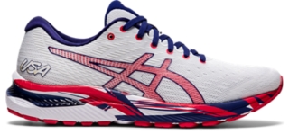 red and blue asics
