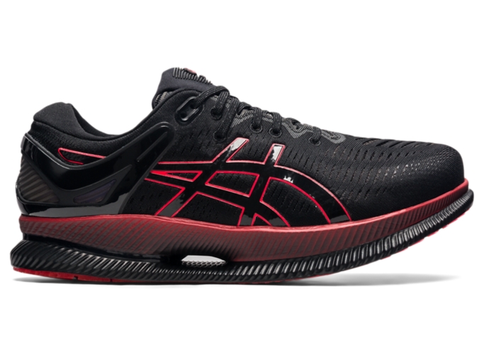 Asics red shop and black shoes