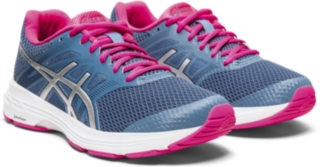 asics running gel exalt trainers in grey and pink