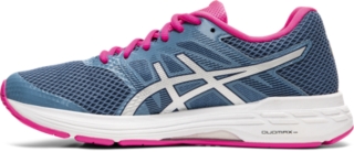 asics running gel exalt trainers in grey and pink