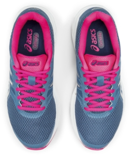 asics running gel exalt trainers in grey and pink