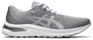 grey and white running shoes