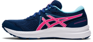 Asics running shoes shop pink and blue