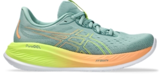 GEL CUMULUS 26 CELEBRATION OF SPORT Women Light Celadon Safety Yellow Women s Running Shoes ASICS UK