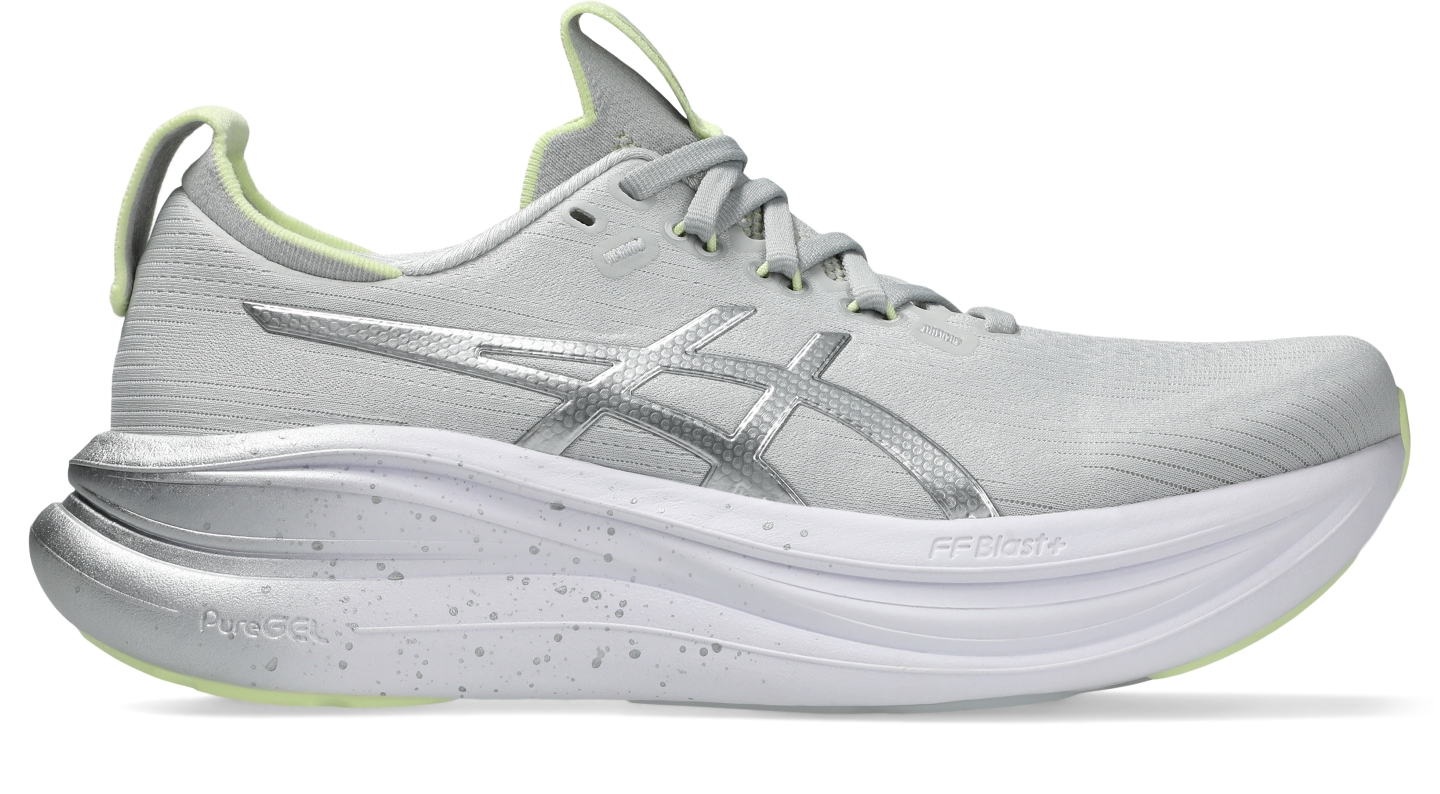 Женские кроссовки ASICS Gel-Nimbus 28 Platinum, цвет: Платиновый / Сияющий зелёный — фото 1