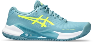 Women's 14 CLAY | Gris Blue/Safety Yellow | Tennis Shoes ASICS