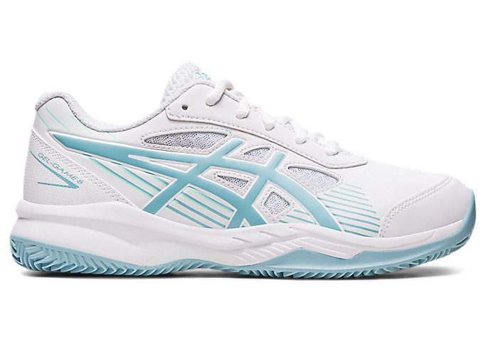 Image 1 of 7 of Kids White/Smoke Blue GEL-GAME 8 CLAY/OC GS Kids Tennis Shoes