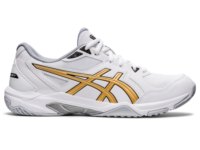 Men s GEL ROCKET 10 White Pure Gold Volleyball Shoes ASICS