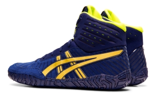 blue and gold asics wrestling shoes