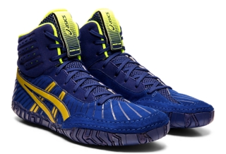 Blue and gold 2025 asics wrestling shoes