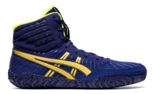 blue and yellow asics wrestling shoes