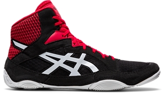 red and black asics wrestling shoes