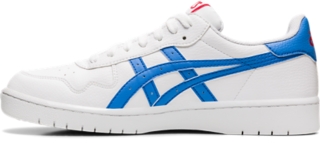 white and blue asics