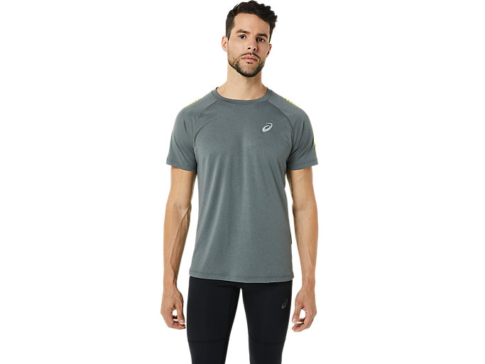 Image 1 of 6 of Men's Dark Grey Heather/Lime Zest STRIPE SS TOP Men's Sports Short Sleeve Shirts