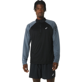 ASICS MEN\'S SLEEVE | ICON | Grey Black/Carrier Long LONG ZIP 1/2 Sleeve | Performance Shirts