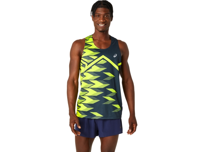 LIGHT GRAPHIC SINGLET | Men | French Blue/Safety Yellow | Men's Tank Tops |  ASICS PT