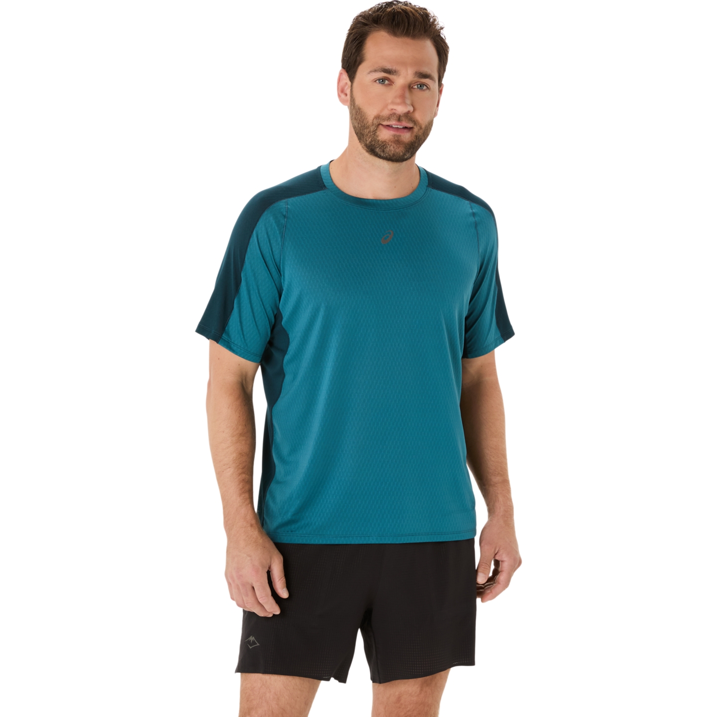 Мужской топ ASICS Fujitrail Elite Short Sleeve Top, цвет: Синий / Зелёный — фото 1