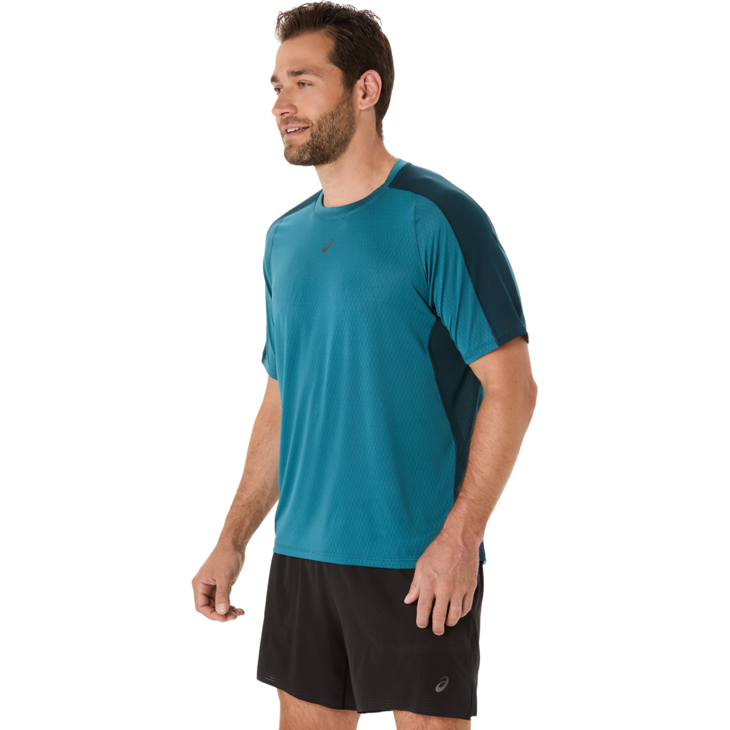 Мужской топ ASICS Fujitrail Elite Short Sleeve Top, цвет: Синий / Зелёный — фото 2