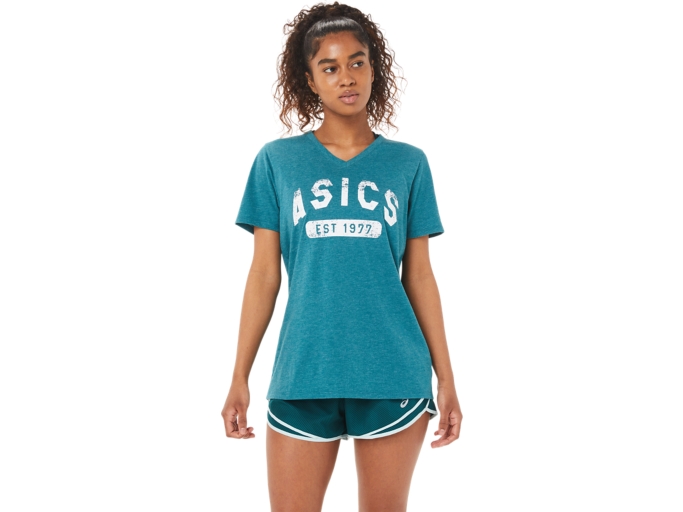 WOMEN'S SHORT SLEEVE EST 1977 V-NECK TEE | Velvet Pine Heather | T-Shirts &  Tops | ASICS