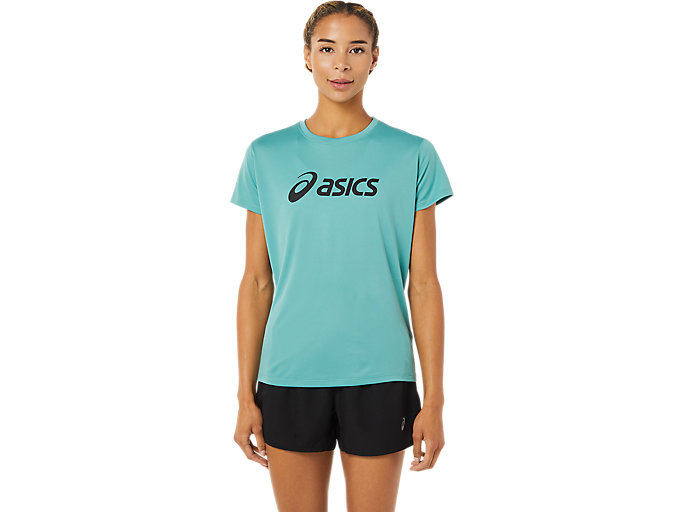 Image 1 of 5 of Women's Sage/Performance Black CORE ASICS TOP Women's Sports Short Sleeve Shirts