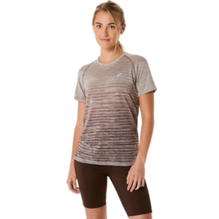 WOMEN'S SEAMLESS SHORT SLEEVE TOP, Taupe Grey/Coffee