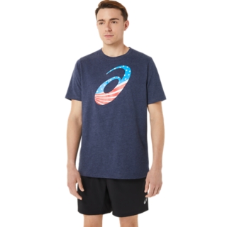 M ASICS SPIRAL A STARS AND STRIPES Men Peacoat Heather Unisex Short Sleeve Shirts ASICS United States