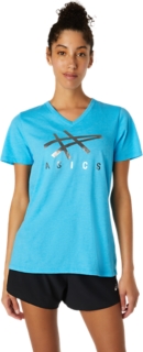 WOMEN S ASICS STRIPE VNECK Digital Aqua Heather T Shirts Tops ASICS