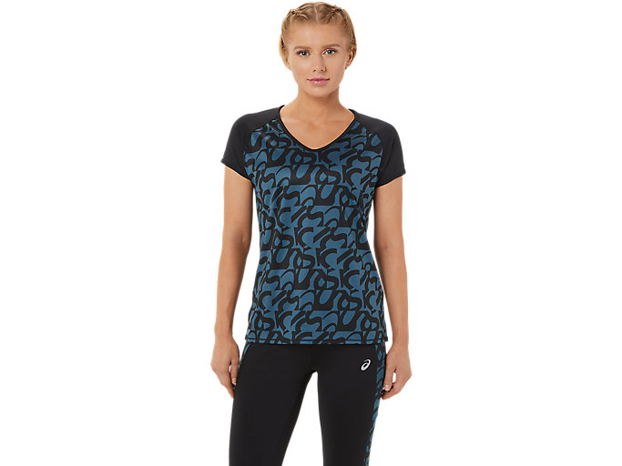 Image 1 of 6 of Women's Performance Black/Magnetic Blue V-NECK GPX RUN TOP Women's Sports Short Sleeve Shirts