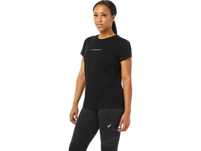 Image 1 of 6 of Women's Performance Black RACE GRAPHIC TEE Women's Sports Short Sleeve Shirts