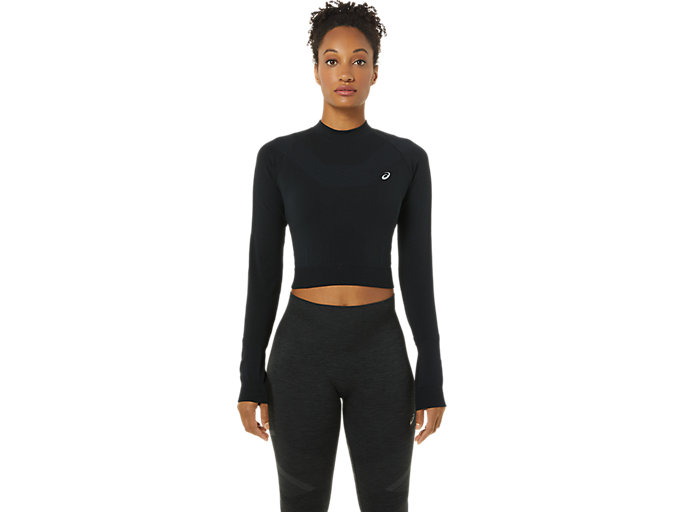Image 1 of 6 of Women's Performance Black/Graphite Grey SEAMLESS LS CROP TOP Women's Sports Long Sleeve Shirts