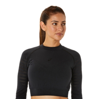 Women's SEAMLESS LS CROP TOP, Performance Black, Long Sleeve Tops