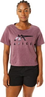 WOMEN'S ASICS STRIPES SHORT SLEEVE BOXY TEE, Deep Mars Heather, T-Shirts  & Tops