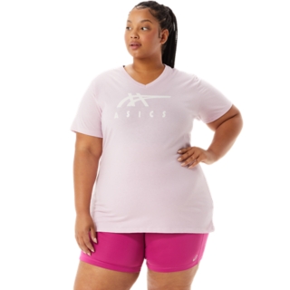 WOMEN'S ASICS STRIPES V-NECK, Barely Rose, T-Shirts & Tops