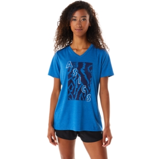 WOMEN'S SHORT SLEEVE ASICS PRINT V-NECK | Lake Drive Heather | T