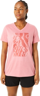 WOMEN'S SHORT SLEEVE ASICS PRINT V-NECK, Smokey Rose Heather