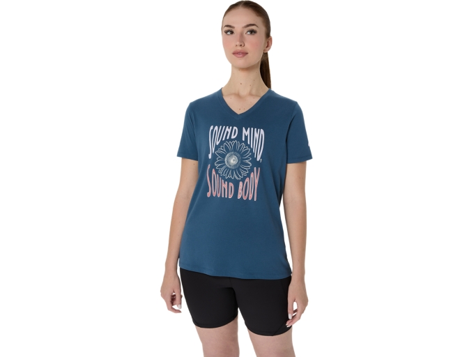 WOMEN'S SUNFLOWER SLOGAN V-NECK | Vintage Indigo | T-Shirts & Tops | ASICS