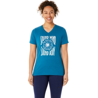 WOMEN'S SUNFLOWER SLOGAN V-NECK | Evening Teal | T-Shirts & Tops | ASICS