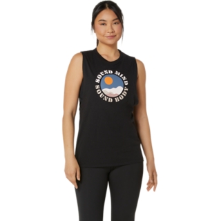 WOMEN'S ASICS SUN IN THE SKY SLOGAN MUSCLE TEE, Performance Black