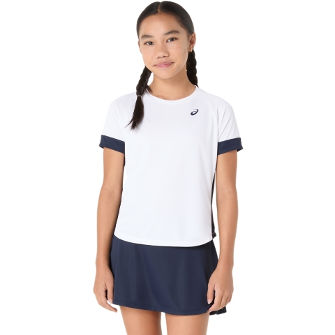 Топ ASICS Tennis Short Sleeve для девочек, цвет: Яркий белый / Тёмно-синий