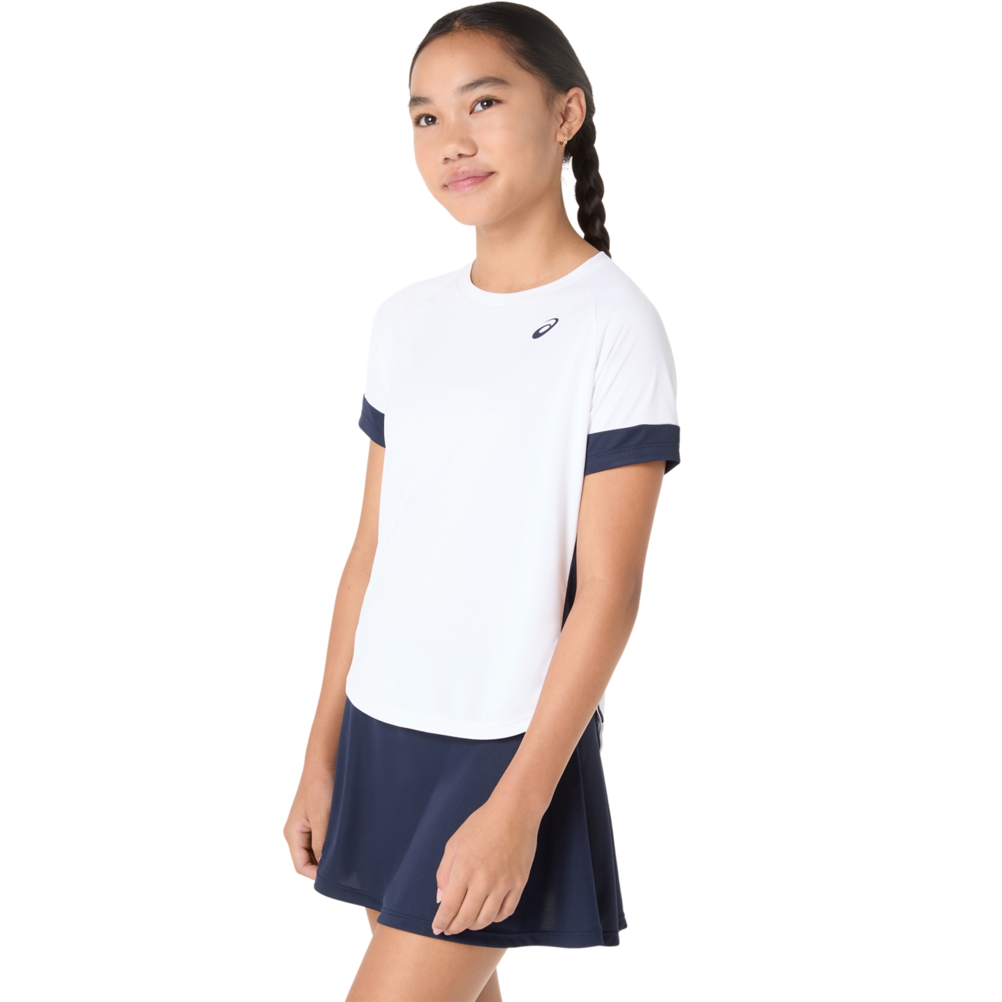 Топ ASICS Tennis Short Sleeve для девочек, цвет: Яркий белый / Тёмно-синий — фото 2