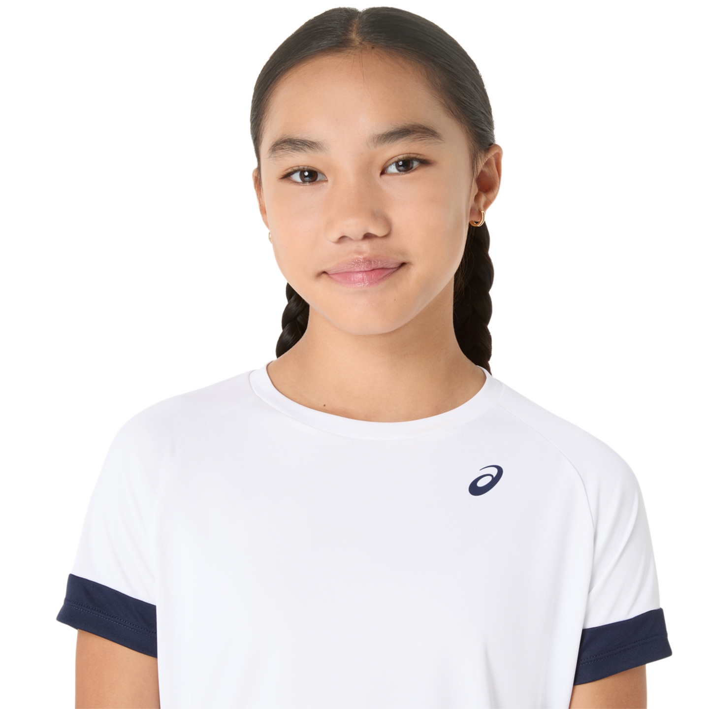Топ ASICS Tennis Short Sleeve для девочек, цвет: Яркий белый / Тёмно-синий — фото 3