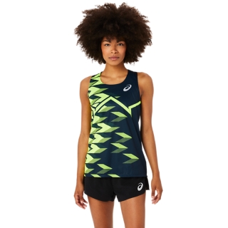 WOMEN LIGHT GRAPHIC SINGLET | Women | French Blue/Safety Yellow | Women's  Short Sleeve Tops | ASICS PT