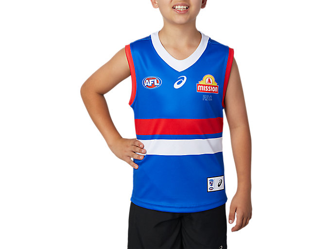 Image 1 of 9 of Kids Electric Blue WESTERN BULLDOGS REPLICA HOME GUERNSEY SHORT SLEEVED YOUTH Kids AFL Clothing
