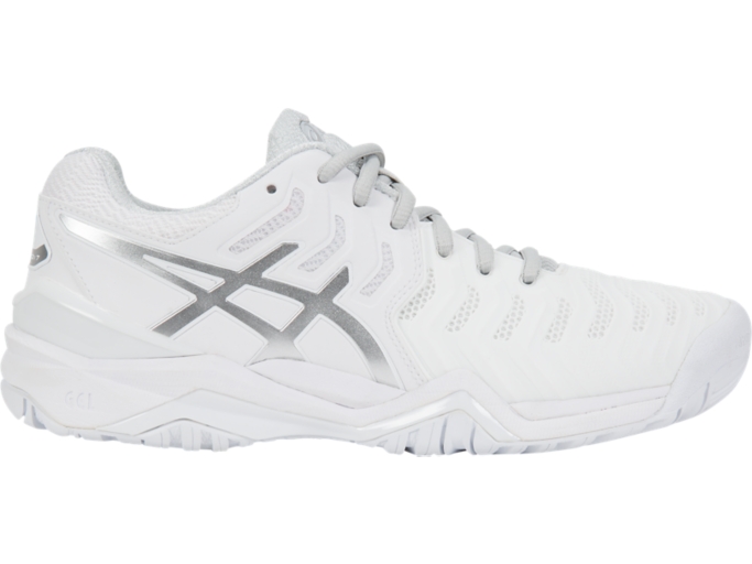 Women s GEL RESOLUTION 7 White Silver Tennis Shoes ASICS