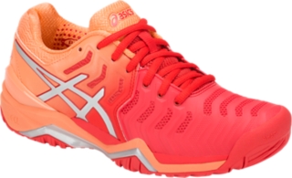 Women s GEL RESOLUTION 7 Red Alert Silver Tennis Shoes ASICS